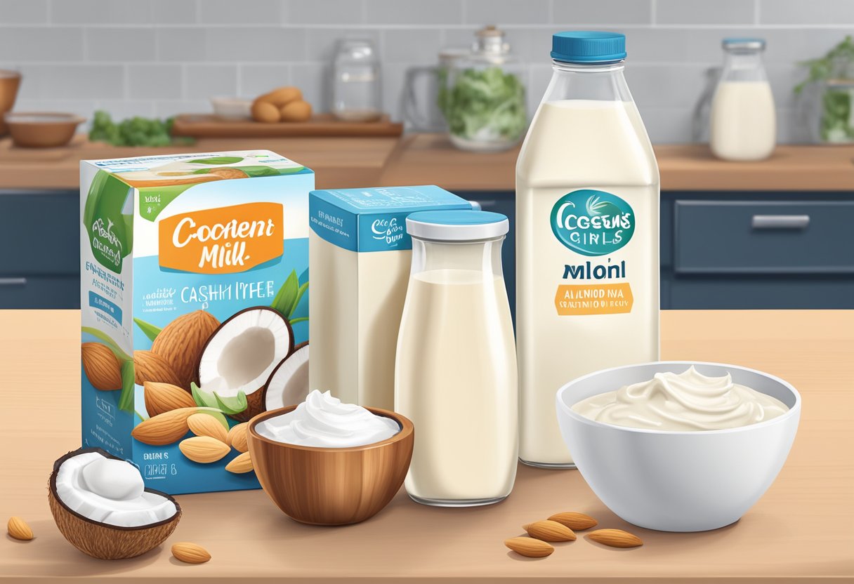 A variety of dairy-free alternatives are displayed on a kitchen counter, including almond milk, coconut milk, and soy milk. A bowl of cashew cream, a container of coconut yogurt, and a block of dairy-free cheese are also present