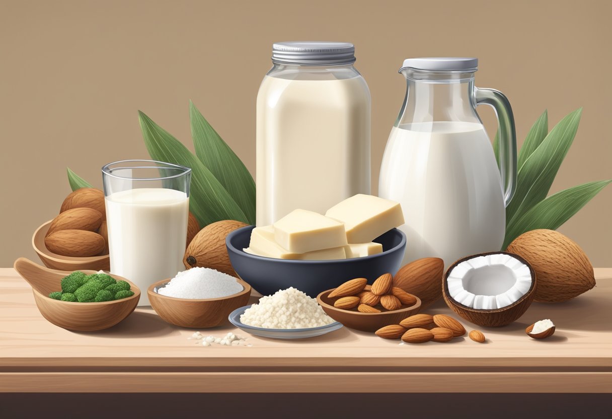 A kitchen counter with various cooking ingredients and dairy substitutes, such as almond milk, coconut oil, and tofu, arranged neatly for a recipe