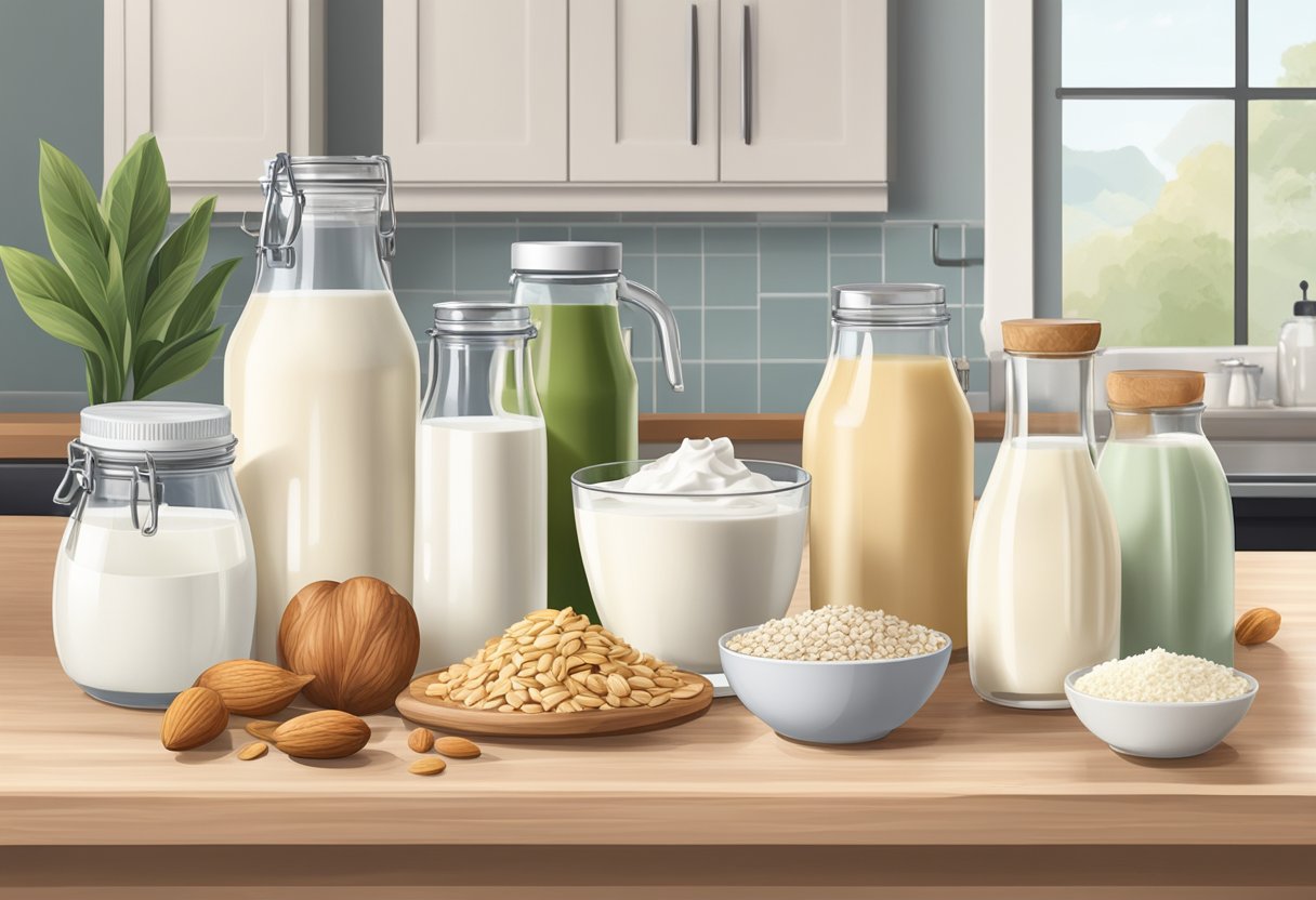 A variety of plant-based dairy alternatives displayed on a kitchen counter, including almond milk, oat milk, coconut yogurt, and cashew cheese