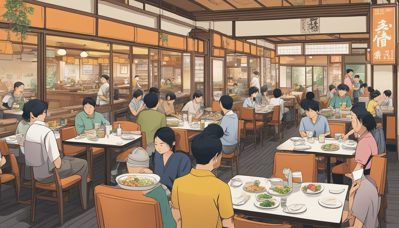 A bustling Japanese restaurant in Singapore, with customers enjoying their meals and staff attending to their needs. The menu prominently displays "Frequently Asked Questions" about the affordable dining options