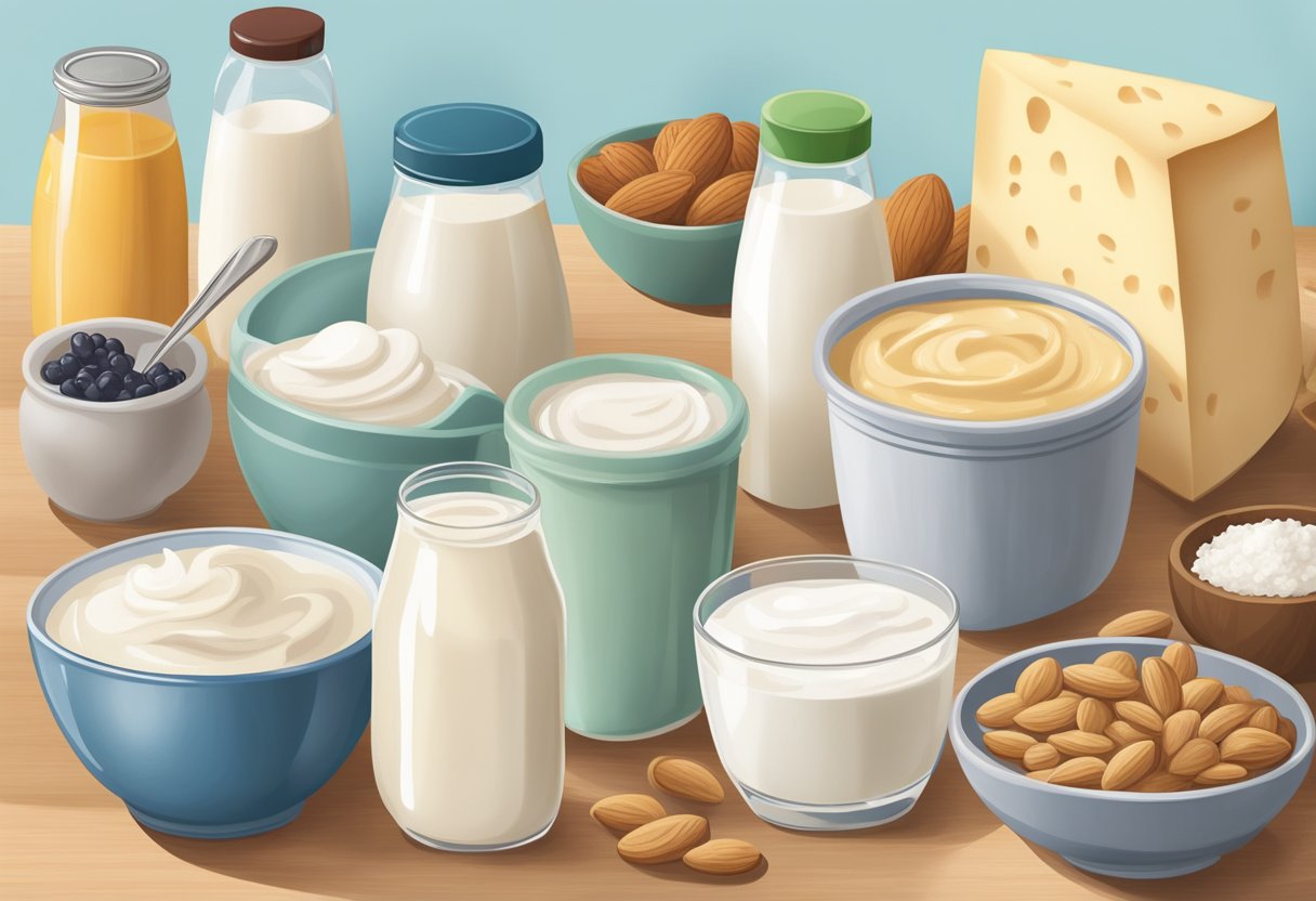 A variety of non-dairy options sit on a kitchen counter, including almond milk, coconut yogurt, and cashew cheese. A cookbook is open to a page discussing substitutes for dairy products