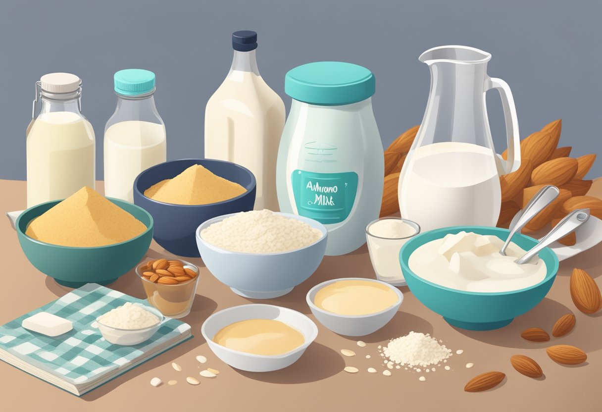 A kitchen counter with various dairy substitutes (almond milk, coconut oil, tofu) next to a recipe book. Mixing bowls, measuring cups, and utensils are scattered around