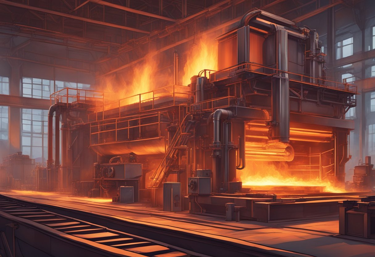 The rolling mill heating furnace glows red as it heats metal ingots. Flames dance and flicker, casting a warm and intense light across the industrial setting