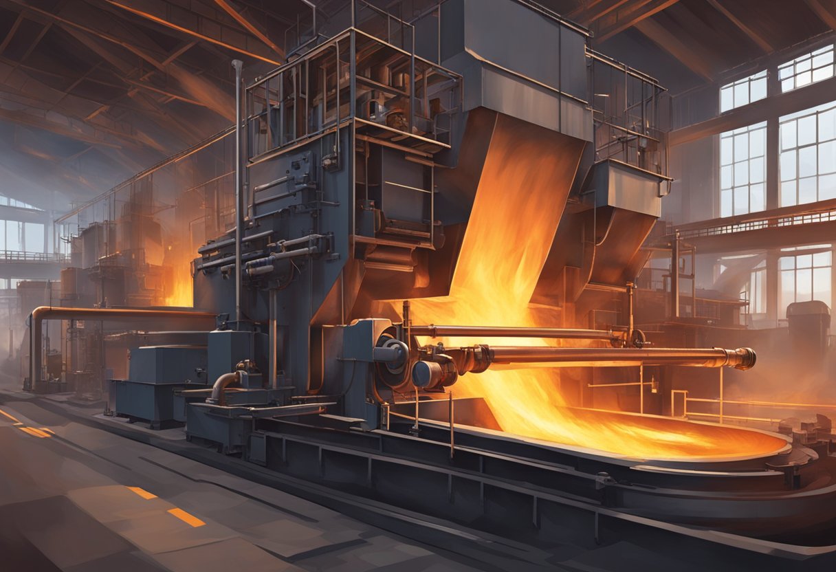 The rolling mill heating furnace blazes with intense heat as it feeds red-hot steel ingots into the rolling mill, creating a dramatic and industrial setting