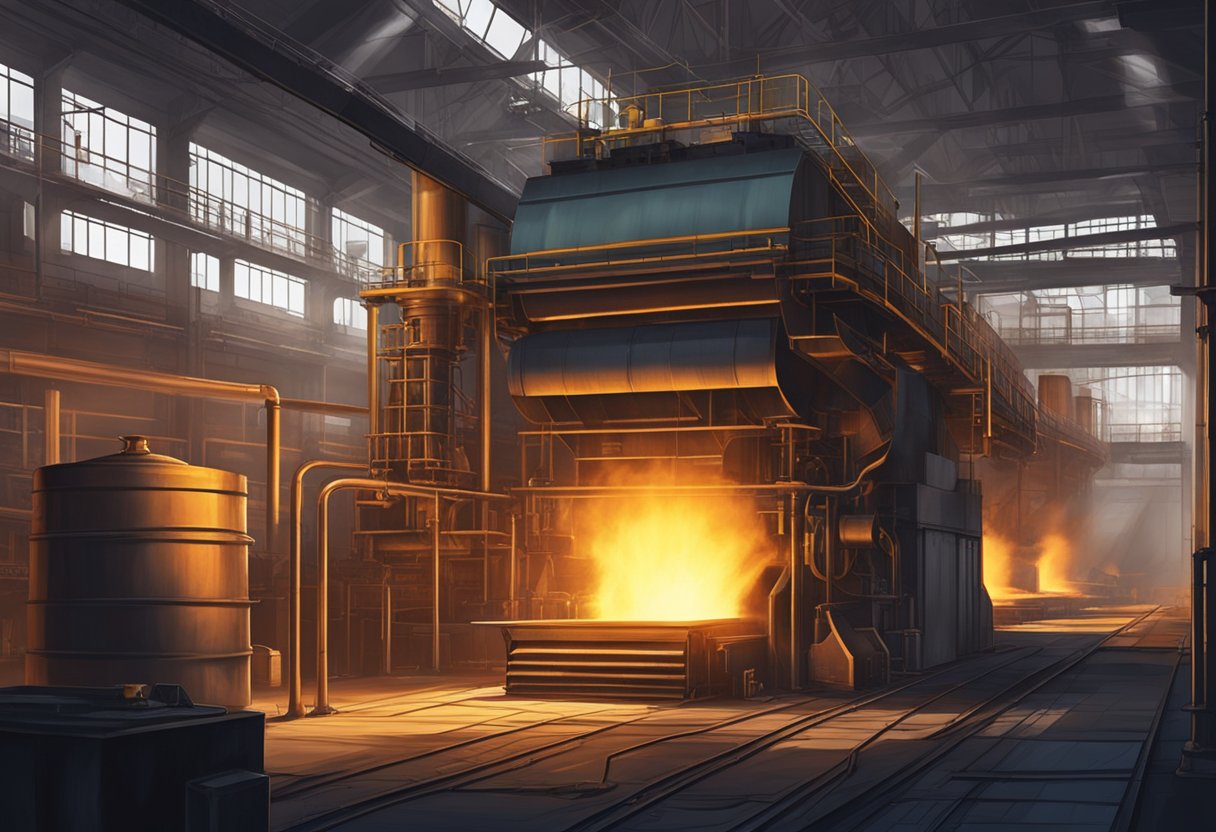 The heating furnace roars as it powers the rolling mill, glowing with intense heat and casting shadows across the industrial setting