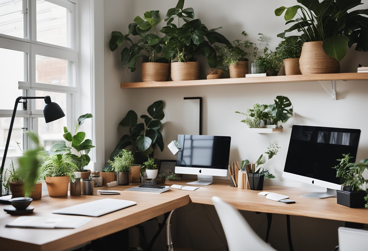 A bright, organized home office with a spacious desk, ergonomic chair, and natural lighting. Plants, artwork, and a clutter-free environment create a productive space