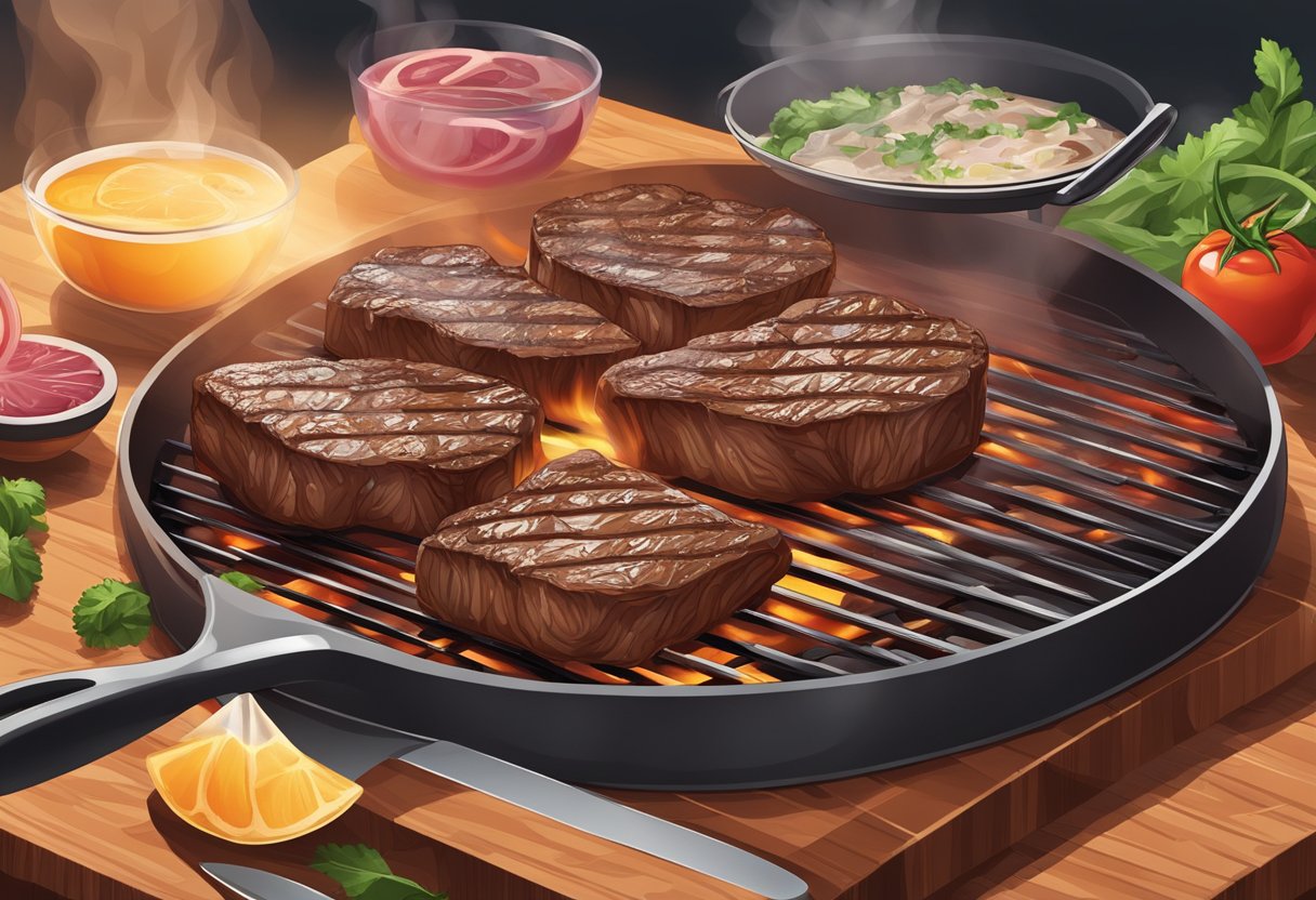 Sizzling steak on a hot grill, then placed on a cutting board to rest, juices pooling around the meat