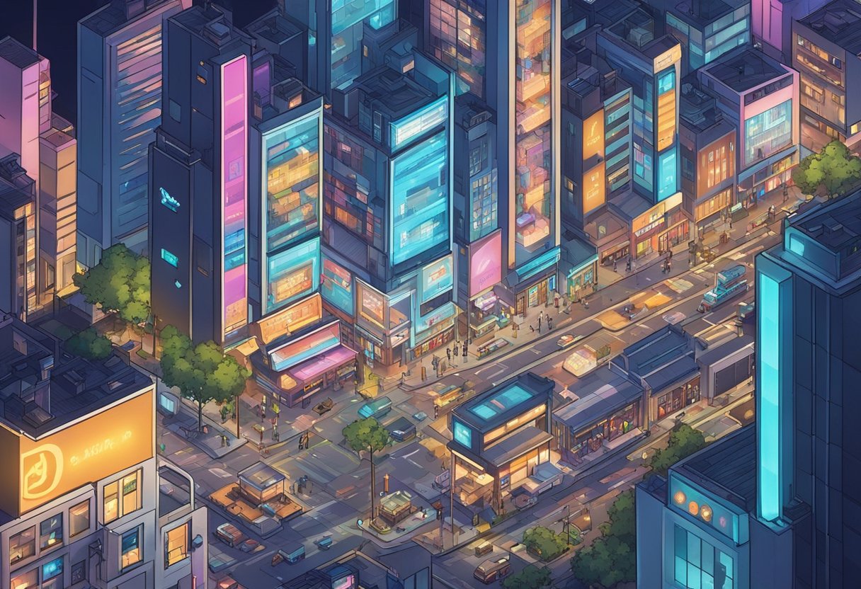 Cityscape with modern buildings and bustling streets. Neon signs and graffiti add urban flair. A diverse mix of sounds and cultures fills the air