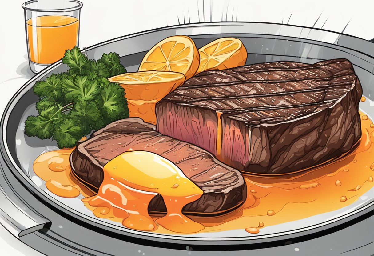 A sizzling steak on a hot grill, with juices bubbling and popping, then being removed and set aside to rest before being sliced