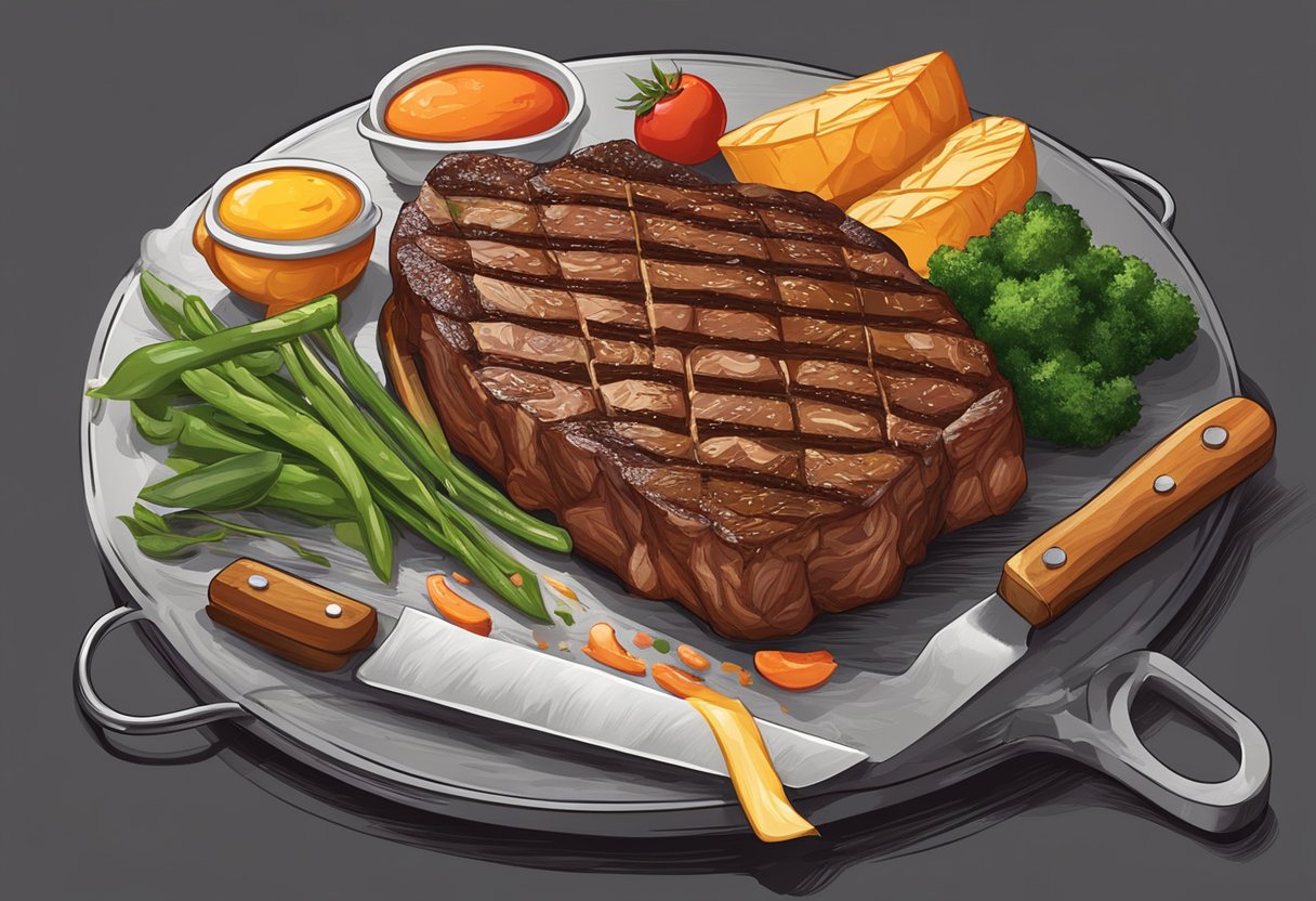 Sizzling steak on a hot grill, then resting on a cutting board. Juices pooling, meat relaxing, flavors intensifying