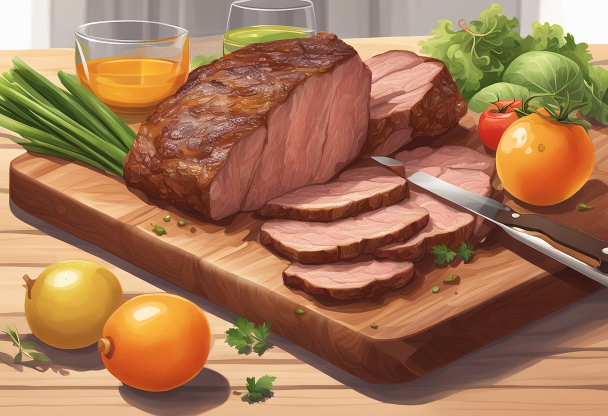 Resting cooked meat on a cutting board, juices pooling, a thermometer nearby