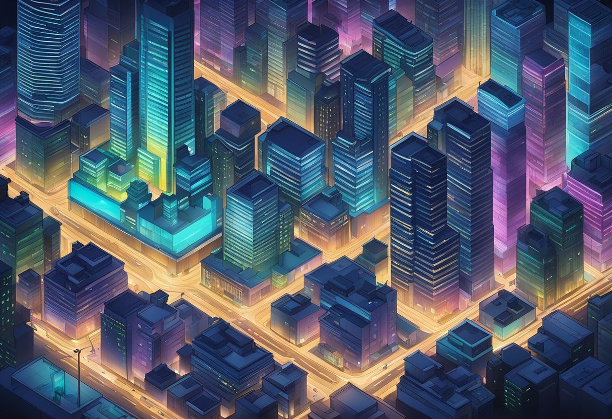 A bustling cityscape with skyscrapers and neon lights, bustling streets and vibrant energy