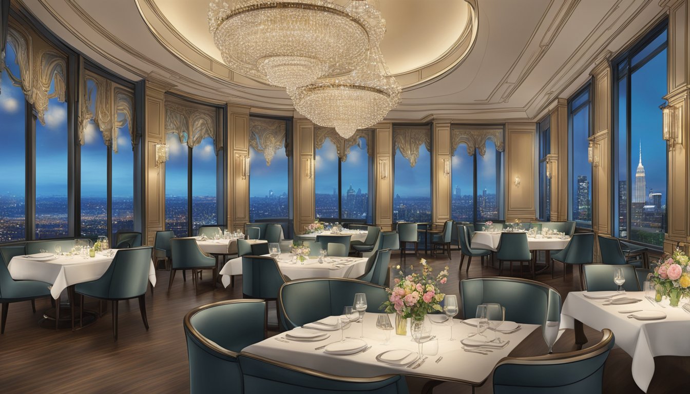 The elegant Aston Restaurant features a grand chandelier, plush seating, and a panoramic view of the city skyline