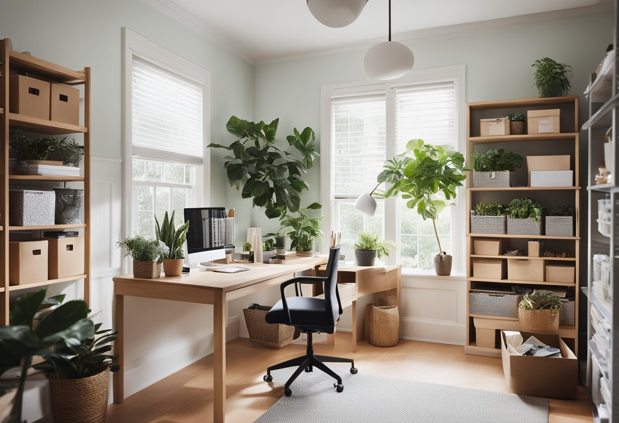 A bright, organized home office with a spacious desk, ergonomic chair, and ample natural light from a large window. Shelves and storage bins neatly hold supplies, while plants and artwork add a personal touch