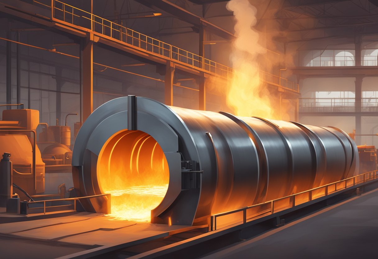 A steel heating furnace rolls on the factory floor, glowing with intense heat. Flames lick the metal, casting a warm, orange glow