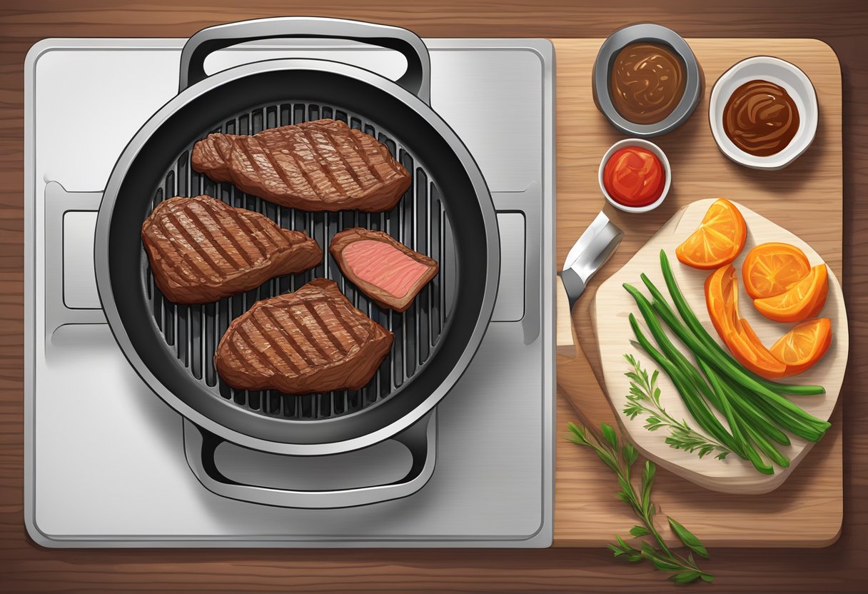 Juicy steak sizzling on a hot grill, then placed on a clean cutting board to rest before being sliced