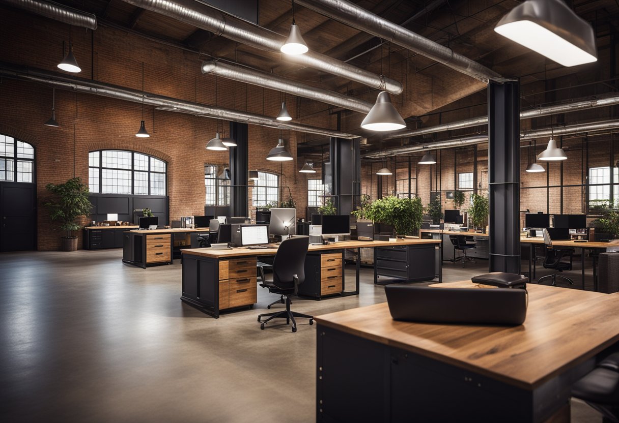 The warehouse office interior features industrial lighting, exposed brick walls, and a mix of modern and vintage furniture