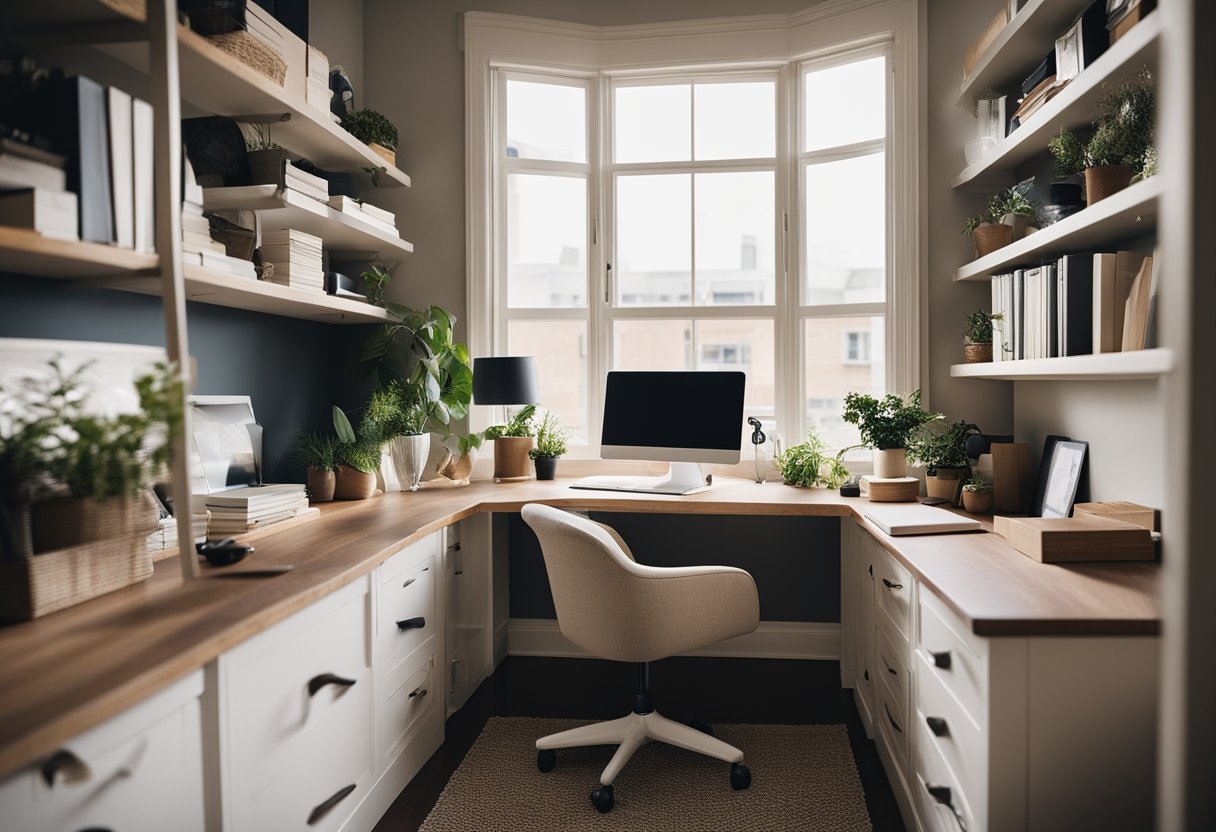 A cozy home office with a clutter-free desk, ergonomic chair, organized shelves, and plenty of natural light streaming in through the window