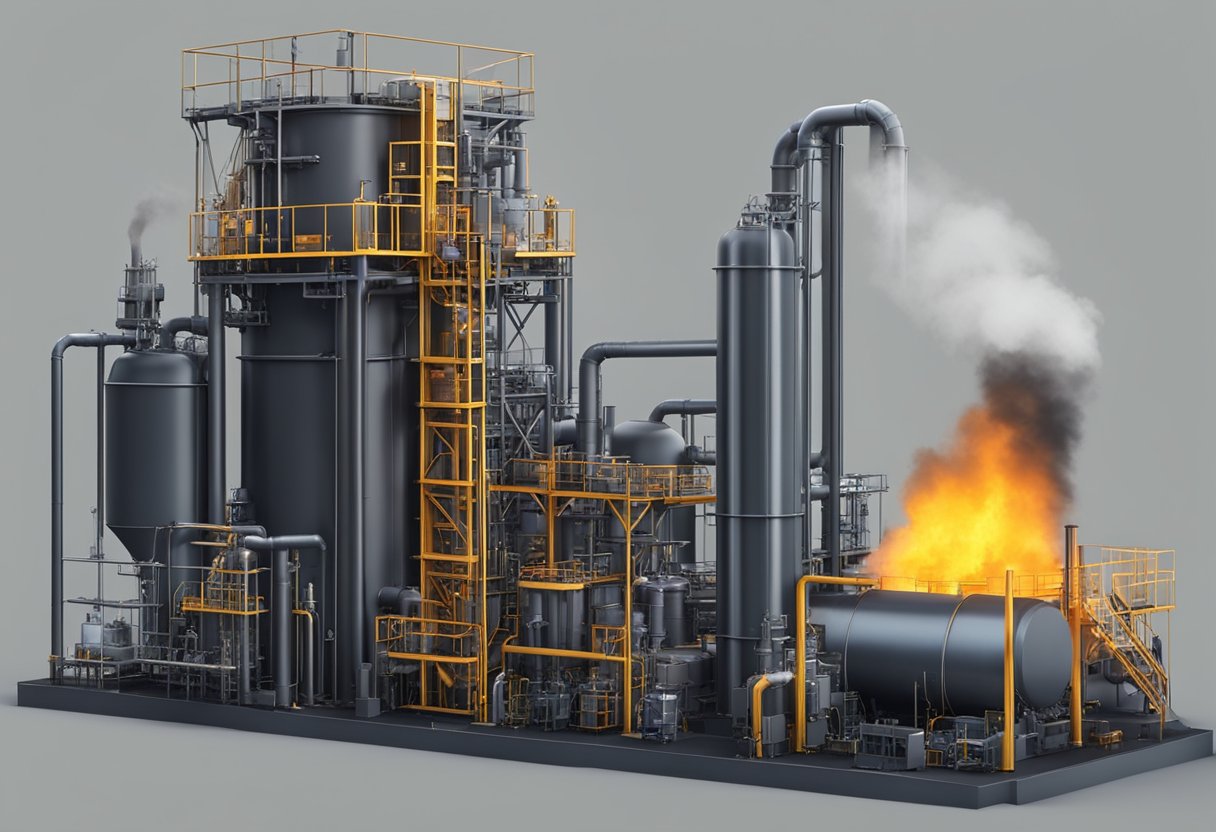 A single stage coal gasifier stands tall, surrounded by pipes and machinery. Flames roar within, converting coal into syngas with efficiency and precision