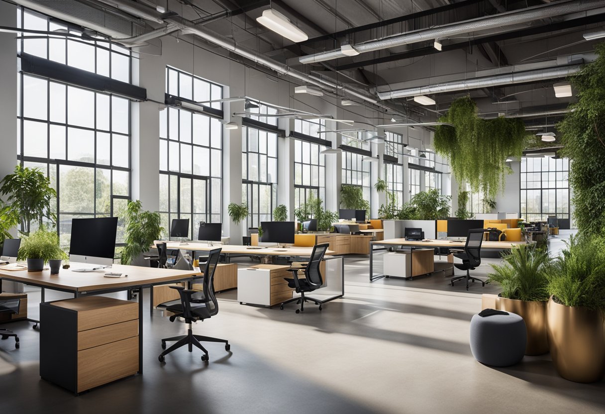 A spacious warehouse office with modern furniture, open workstations, and collaborative meeting areas. Natural light floods the space, with pops of vibrant colors and greenery throughout