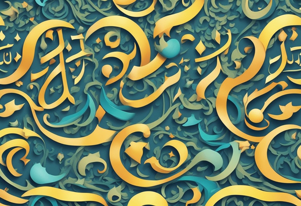 A collection of colorful, ornate Urdu calligraphy displaying unique Muslim baby boy names