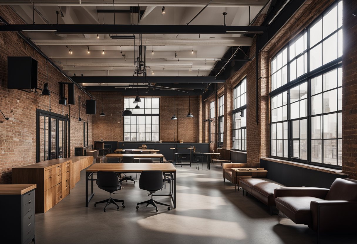 The industrial office features exposed brick walls, metal beams, and large windows. Vintage furniture and industrial lighting add to the distinctive aesthetic