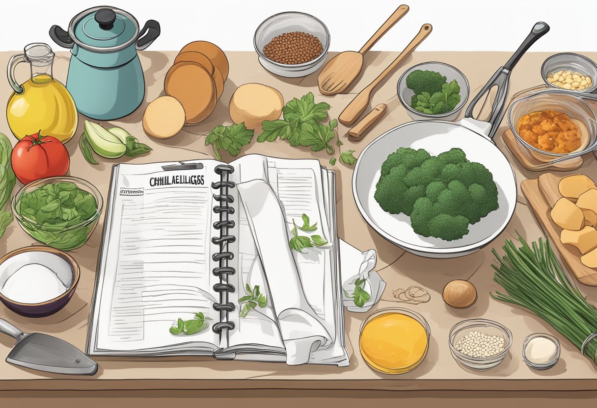 A kitchen with various cooking tools and ingredients laid out on a counter, with a cookbook titled "Ultimate Cooking Challenges Explained" open to a page titled "Understanding the Basics of Cooking Challenges."