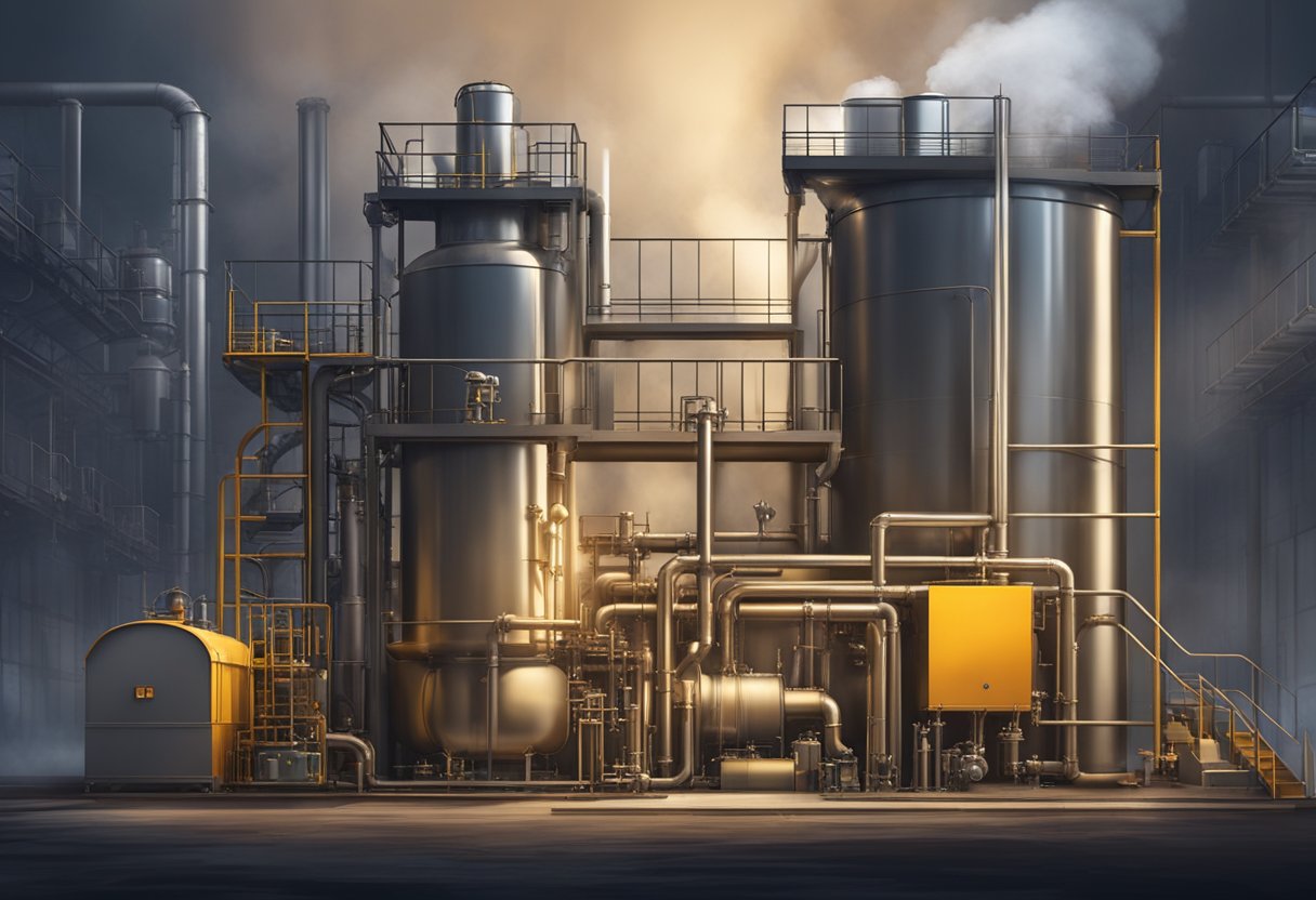 A small coal gasifier emits smoke and heat, surrounded by pipes and valves in an industrial setting