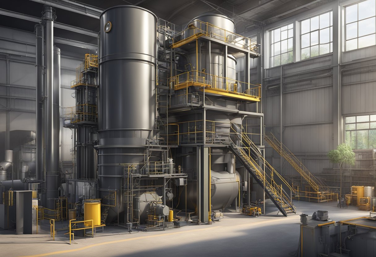 A small coal gasifier is being designed and engineered, with intricate details and components being carefully put together