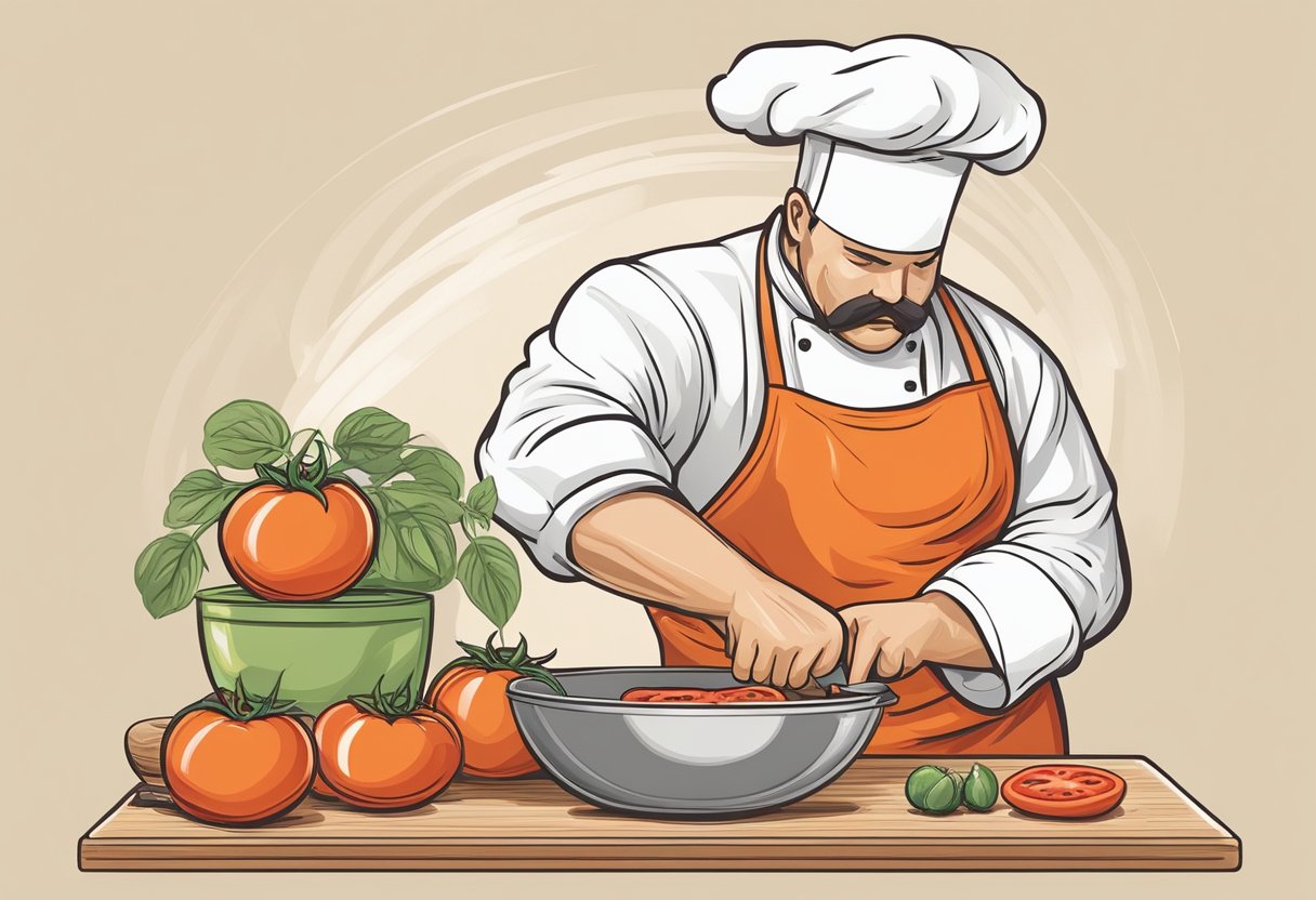 A chef expertly slices through a perfectly ripe tomato with precision and finesse, showcasing the ultimate cooking techniques and skills required for the ultimate cooking challenges