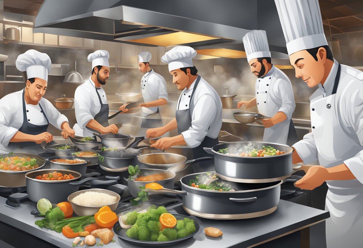 A bustling kitchen with steaming pots, sizzling pans, and a flurry of ingredients being chopped and mixed. The chefs are focused and determined as they race against the clock to create their culinary masterpieces