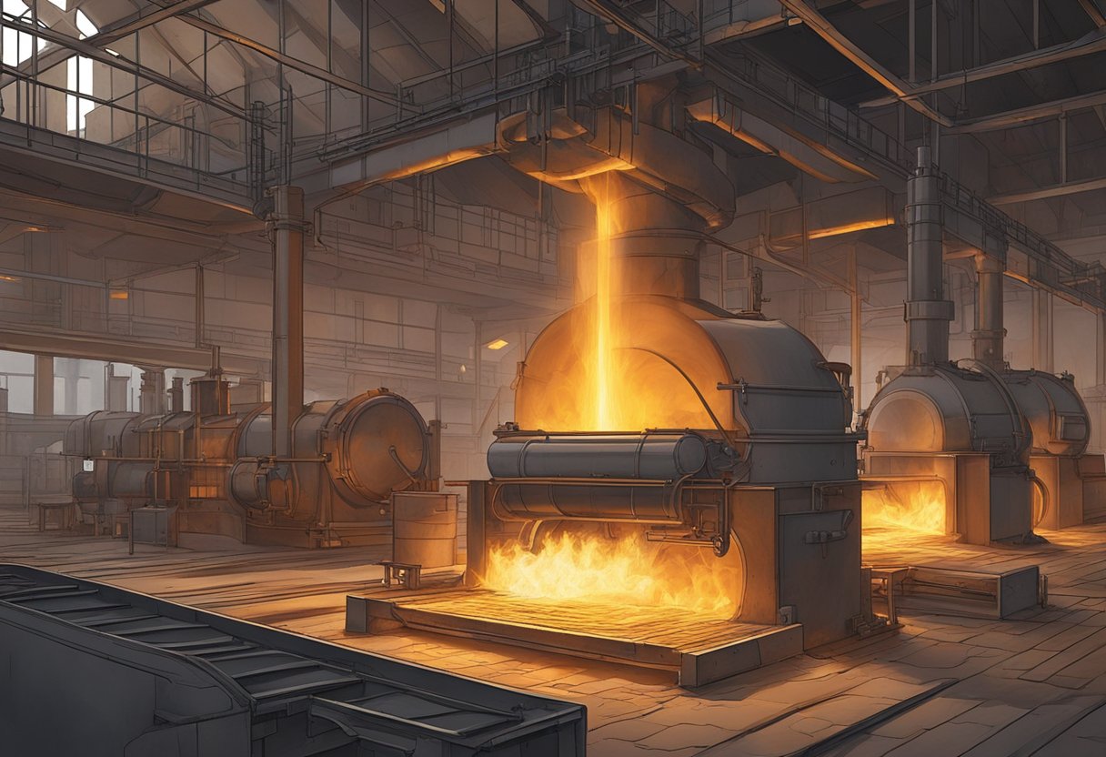 The steel heating furnace roars with intense heat, casting a warm glow over the surrounding area. The flames dance and flicker as they consume the raw steel, turning it into molten liquid ready for shaping