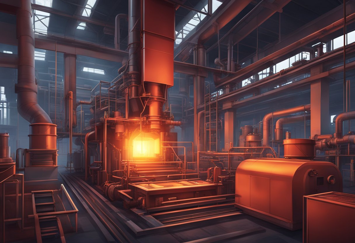 A steel heating furnace glowing red with intense heat, surrounded by industrial machinery and tools