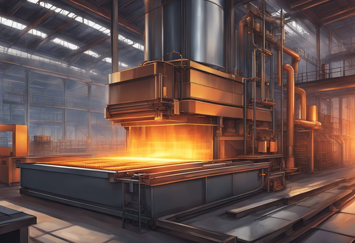 The steel heating furnace roars with intense heat, glowing red and emitting waves of shimmering energy. Machinery hums as it operates, casting a warm and industrial atmosphere