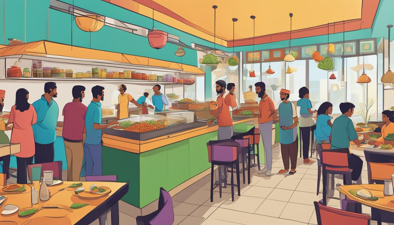 A bustling restaurant with vibrant decor, aromatic spices, and a variety of Indian vegetarian dishes on display. Customers line up at the counter to place their orders, while others enjoy their meals at colorful tables