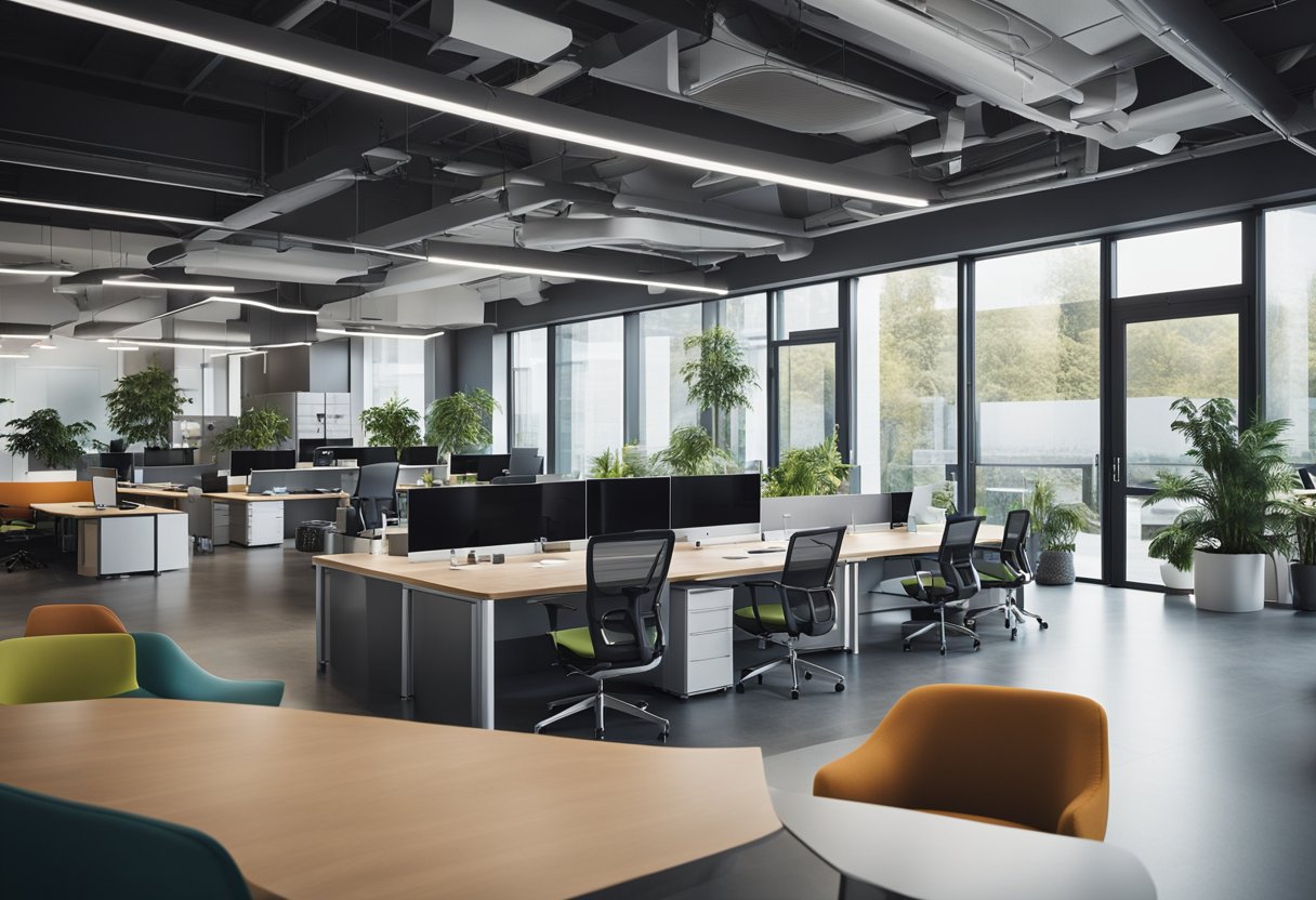 A modern open-plan office with flexible workstations, natural lighting, and vibrant colors. Various collaborative spaces like meeting pods and lounge areas are scattered throughout the room