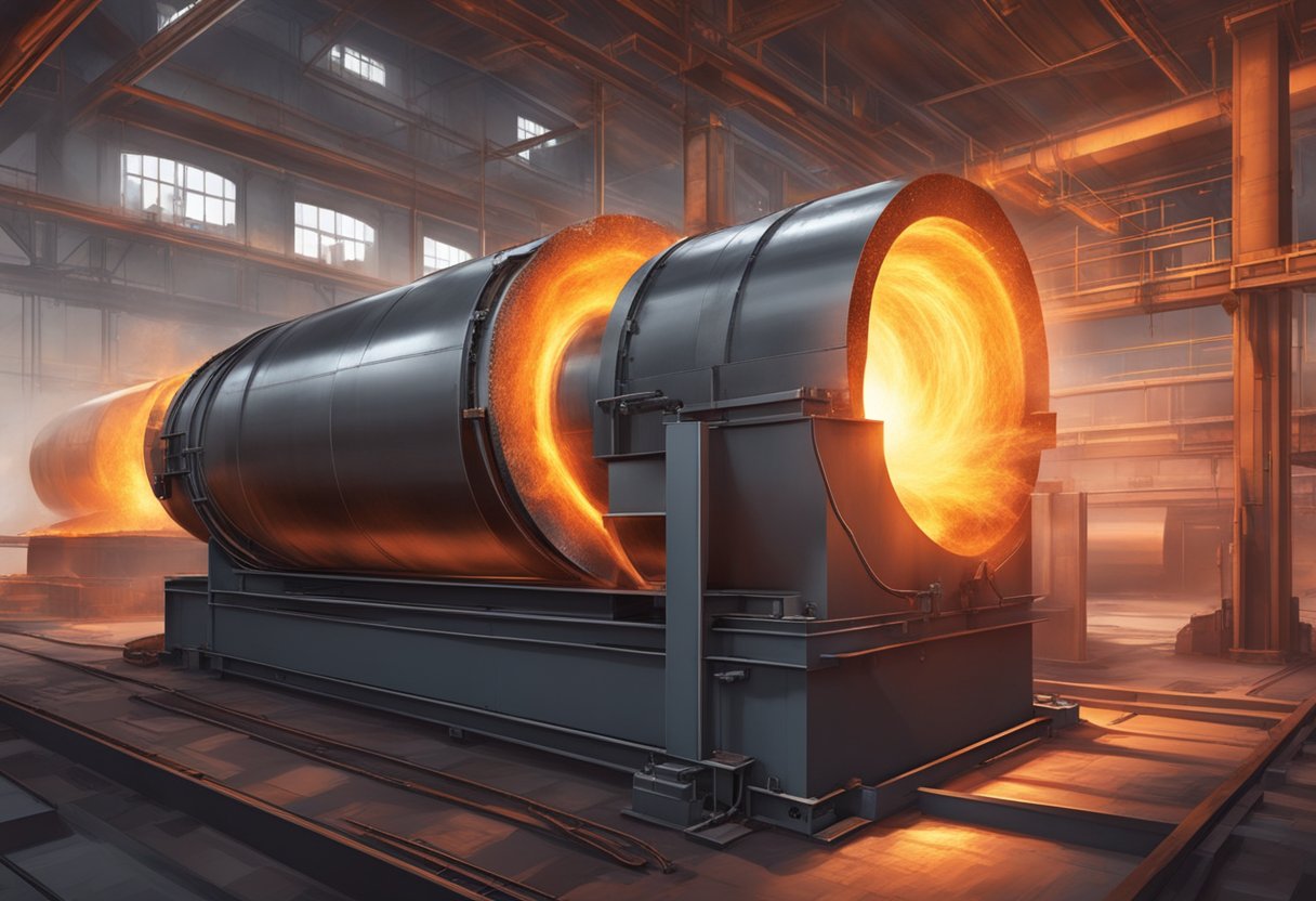 A steel rolling furnace roars with intense heat, glowing red and emitting sparks as it processes molten metal