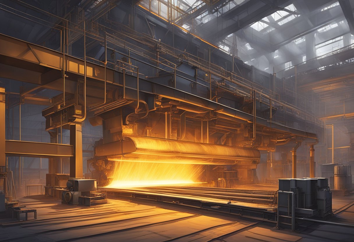 Molten steel pours from a furnace into rolling molds, creating long, glowing steel bars