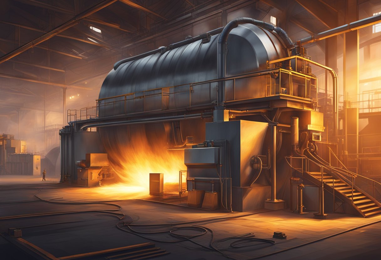 A steel rolling furnace heats and shapes metal. Flames engulf the furnace, casting a warm glow. The furnace stands tall, with heavy machinery and industrial equipment surrounding it