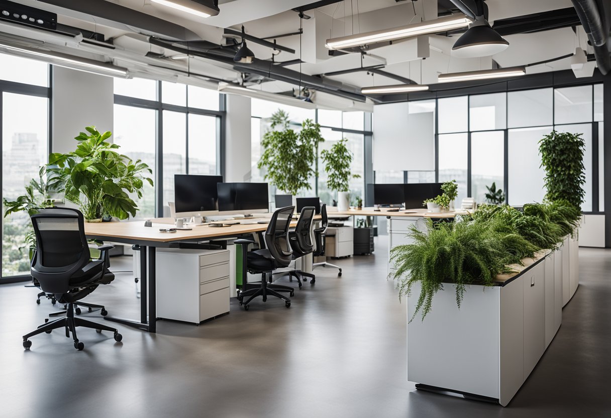 An open office layout with modular furniture, whiteboards, and digital screens. Natural lighting and greenery create a welcoming, productive environment