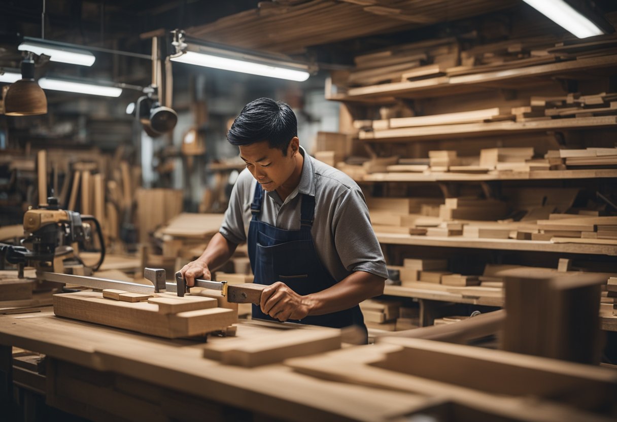 A bustling carpenter shop in Singapore, filled with the sounds of sawing and hammering, sawdust floating in the air, and shelves lined with neatly organized tools and lumber