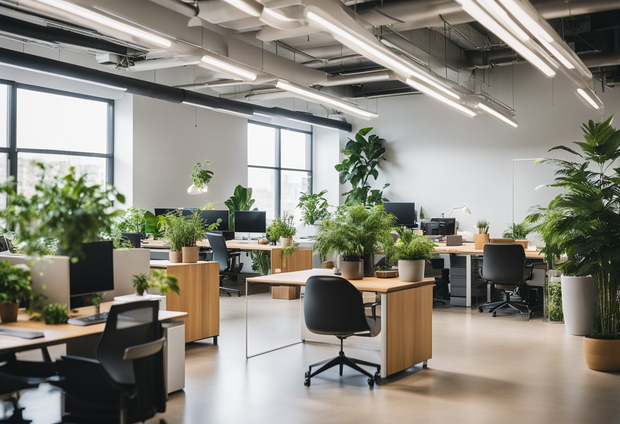 A bright, open office space with natural light, green plants, and modern furniture arranged for collaboration and productivity