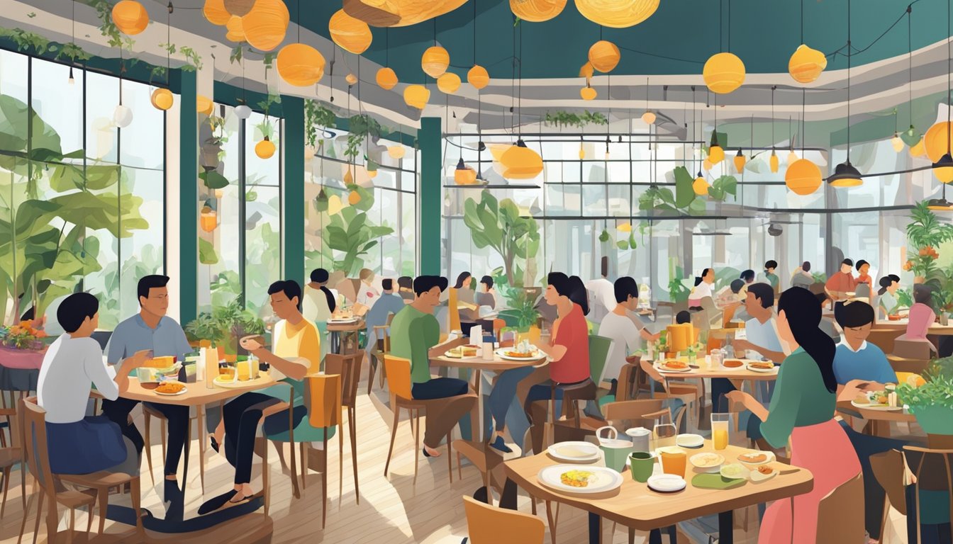 A bustling brunch restaurant in Singapore, with colorful decor, a variety of dishes on tables, and a lively atmosphere