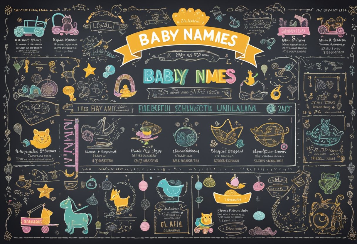 Colorful list of unique baby names displayed on a vintage chalkboard surrounded by playful toys and whimsical decorations