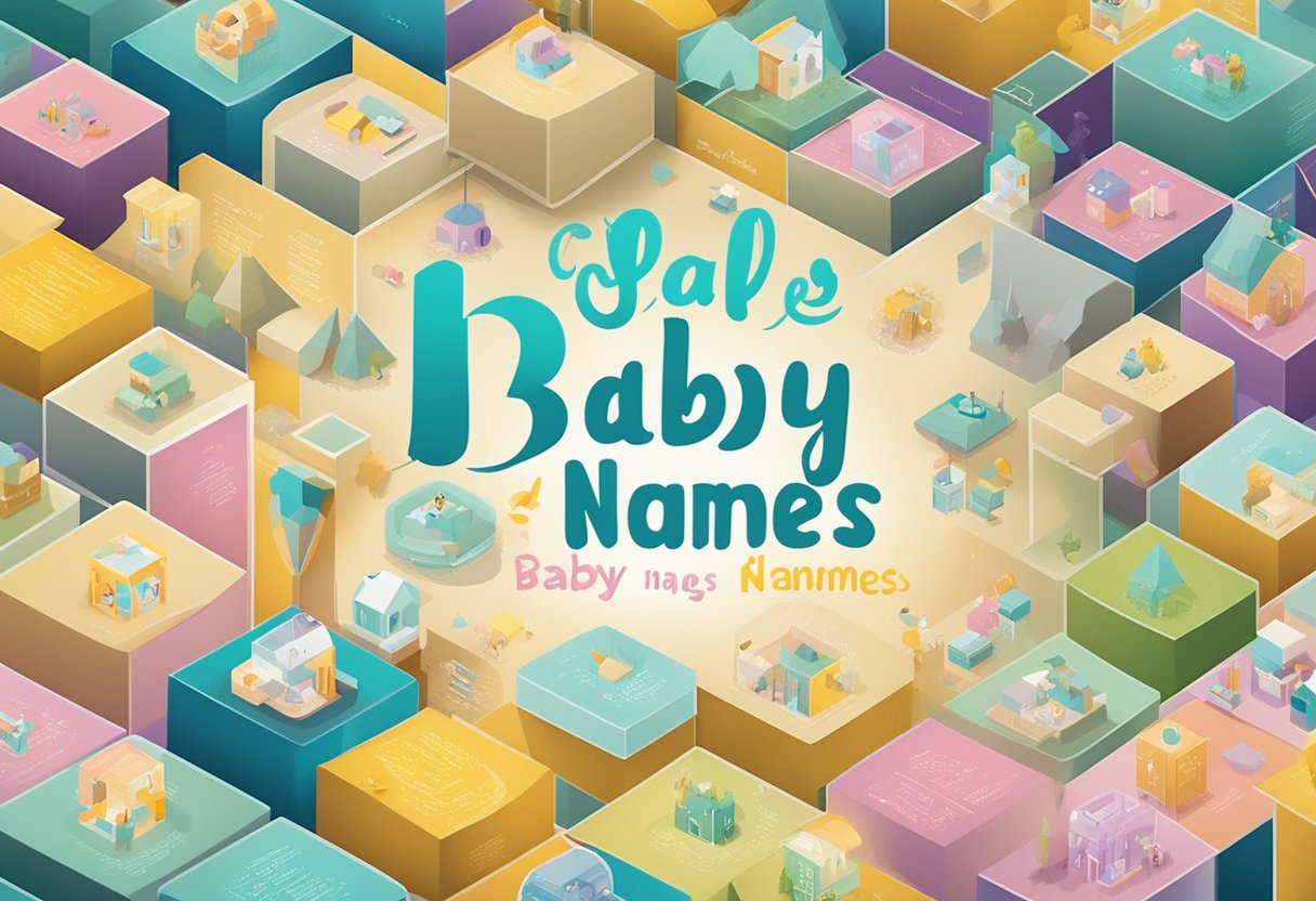A list of uncommon baby names displayed on a colorful chart with playful fonts and illustrations