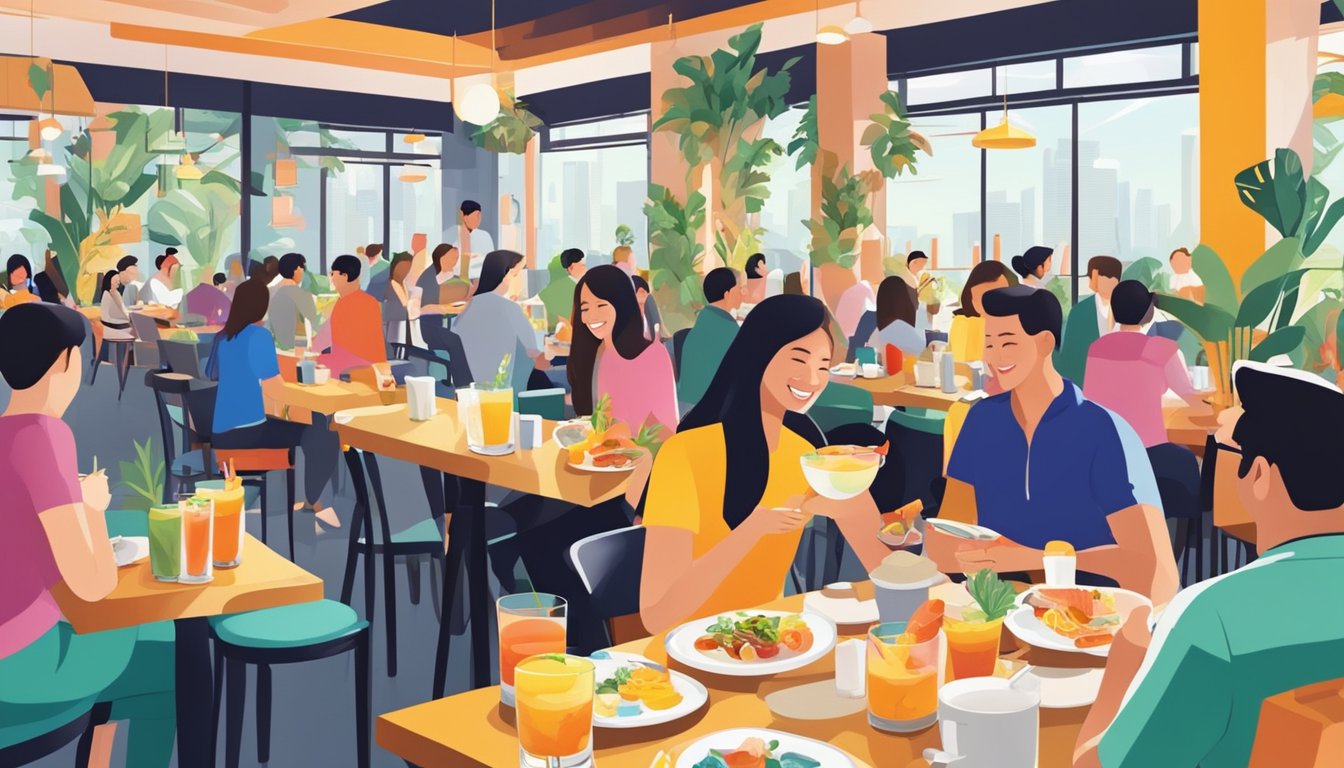 Customers enjoy a variety of brunch dishes at a bustling restaurant in Singapore, with colorful cocktails and vibrant decor adding to the lively atmosphere