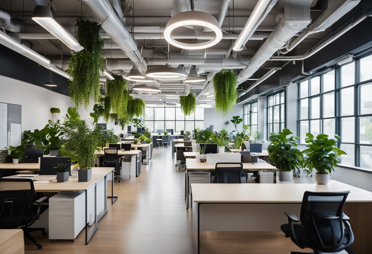A bright, open office space with modern furniture and collaborative work areas. Colorful decor and plants create a welcoming atmosphere. Multiple desks and meeting spaces promote teamwork and creativity