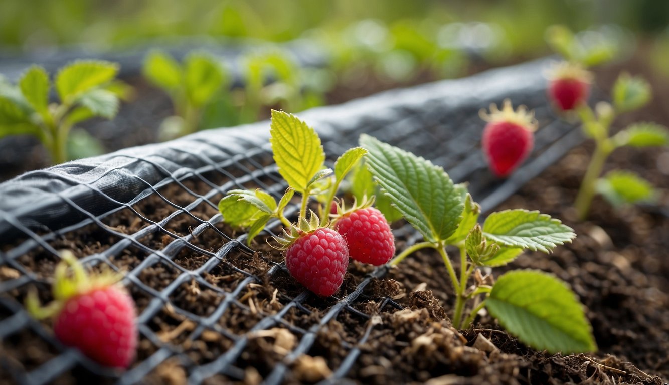 A net covers the raspberry plants, shielding them from pests and diseases. Mulch insulates the soil, aiding in winter care