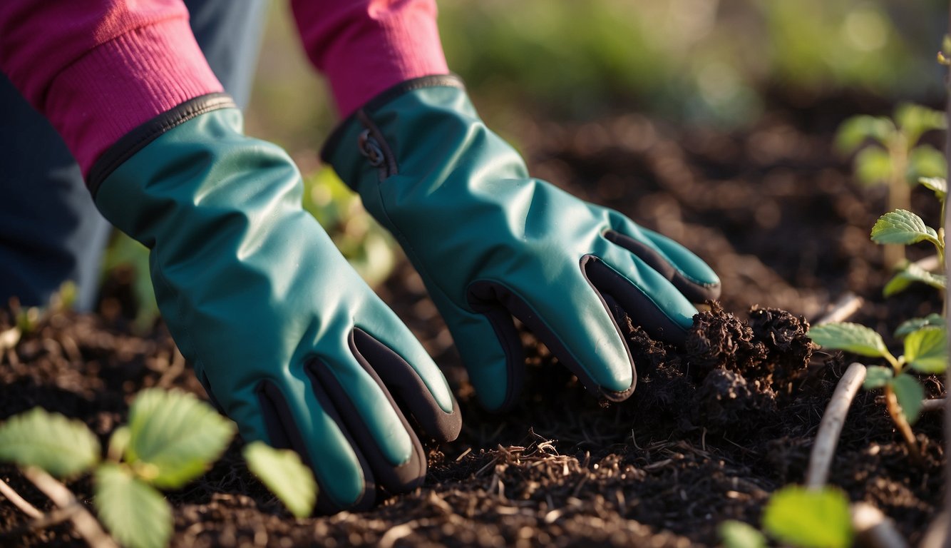 A pair of gardening gloves carefully prunes back dead raspberry canes, while a layer of mulch is spread around the base of the bush to protect it during the winter months