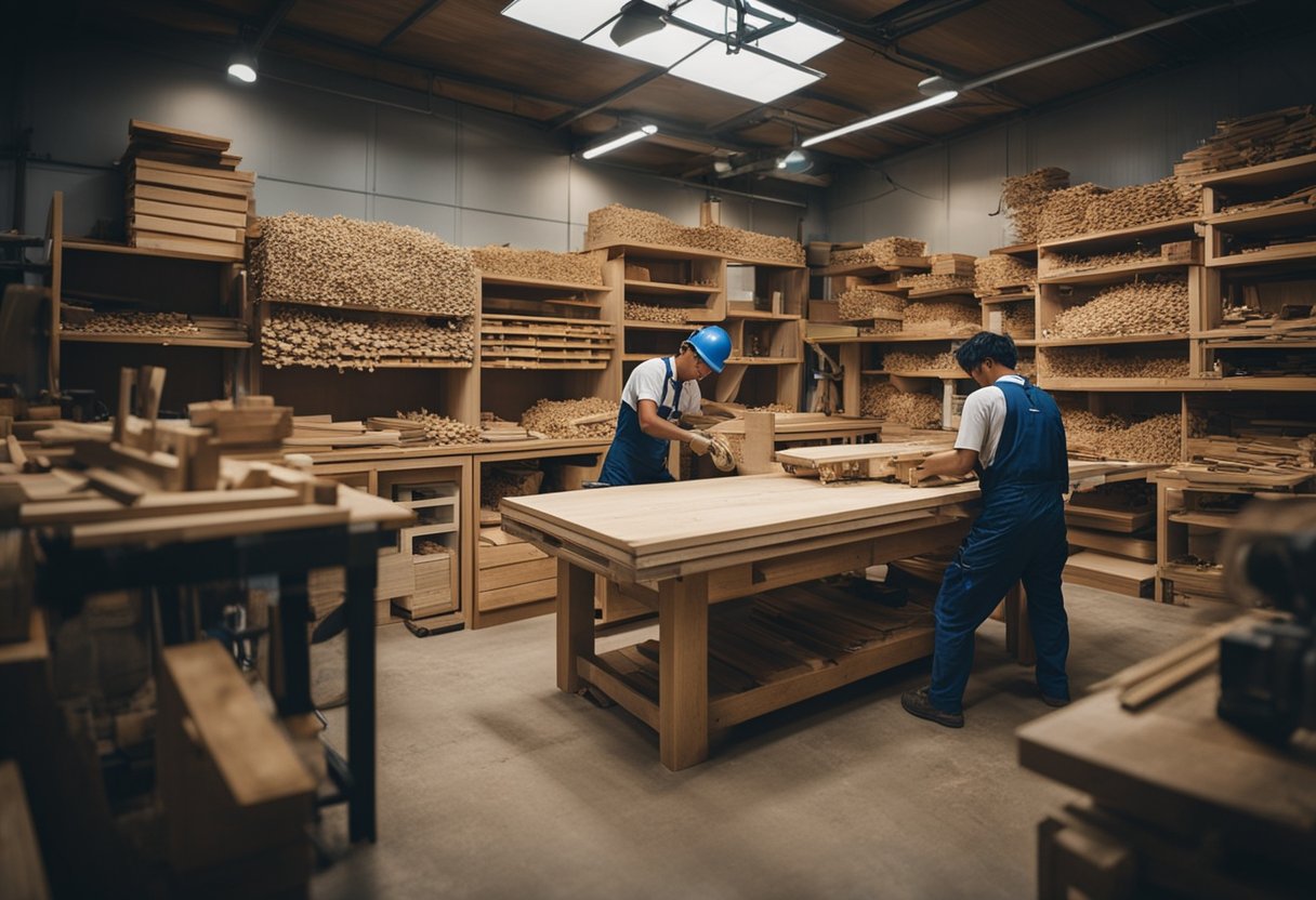 Carpenter shops in Singapore bustling with activity and filled with the sound of saws, hammers, and chisels. Wood shavings cover the floor as skilled craftsmen work on intricate furniture pieces